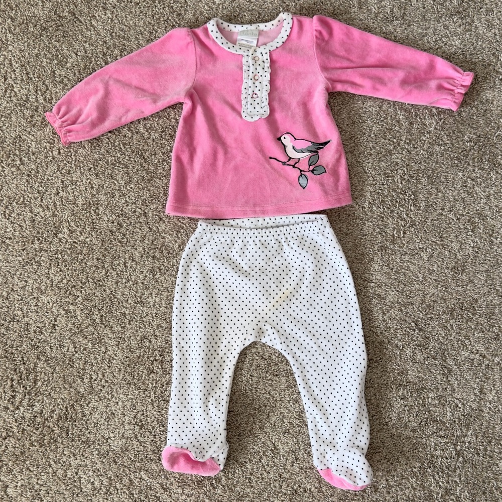 Absorba 2 piece Pink polka dot long sleeve shirt and pants footie Set 3-6 months